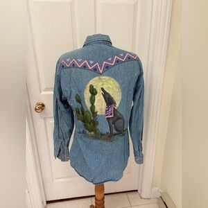 Lee Blue Button Down Shirt with Pink and Green Accents